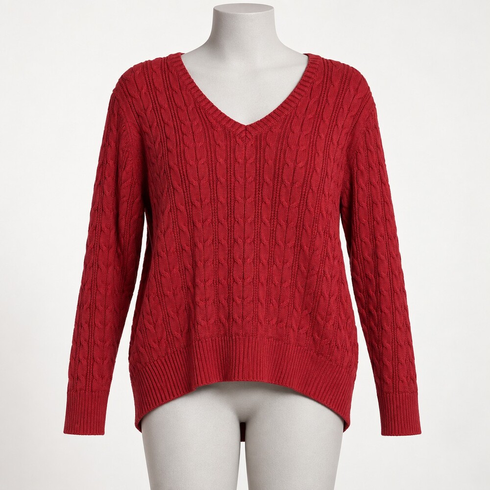 St. John's Bay 1X Red Cotton/Polyester Sweater V-Neck Cable Knit
